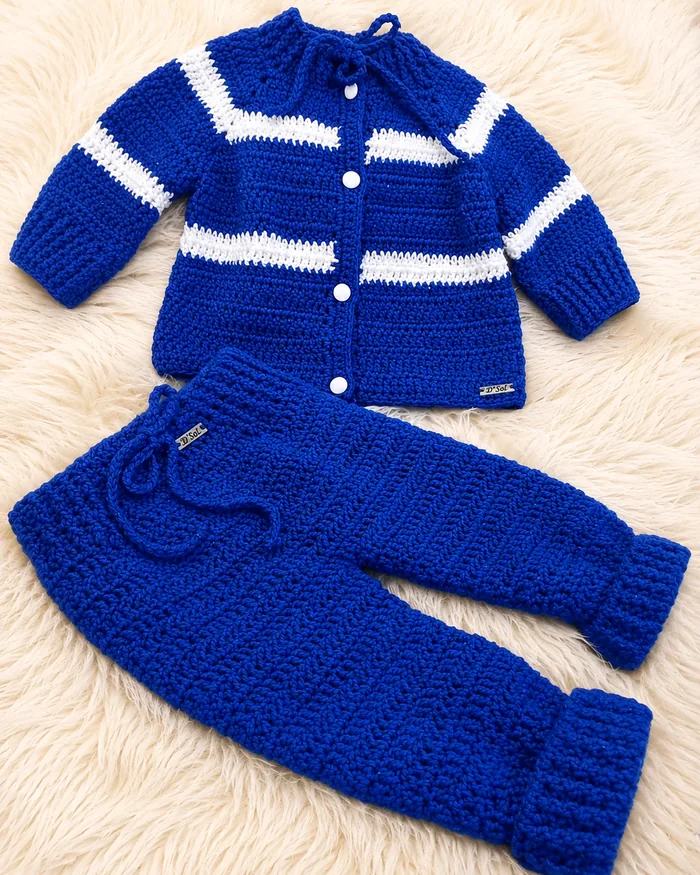 Conjunto de bebê em crochê azul-royal e branco: casaquinho de botões e calça, com a etiqueta D' Sol