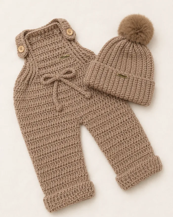 Conjunto de bebê em crochê caramelo: jardineira de botões e gorro com pompom de pelo