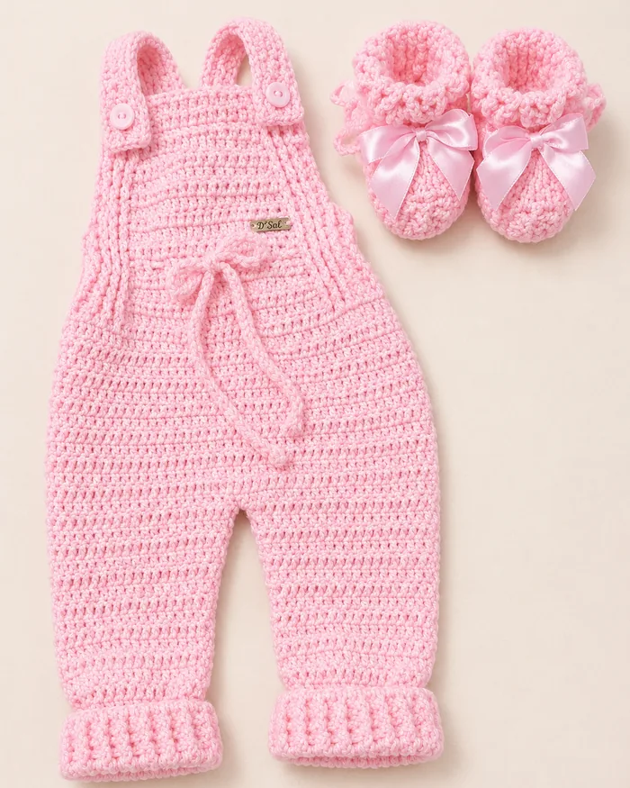 Conjunto de bebê em crochê rosa: jardineira e sapatinhos com laço de cetim